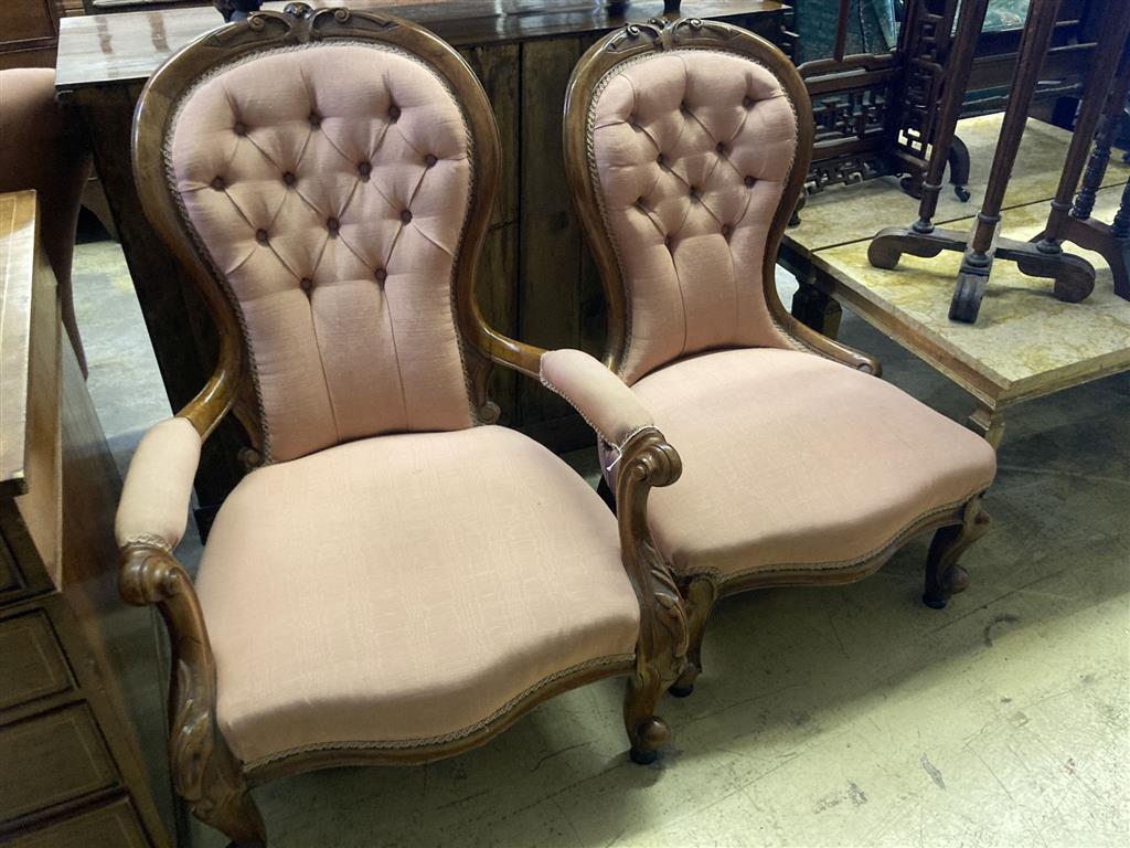 A Victorian spoonback armchair and one other chair, larger 70cm, depth 74cm, height 94cm